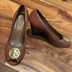 Tory Burch leather open toed wedge